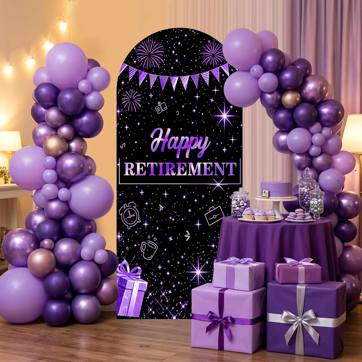 Custom 2-sided Happy Retirement Arch Backdrop Cover Purple Retirement Party Decorations Women Coworker Goodbye Party Background