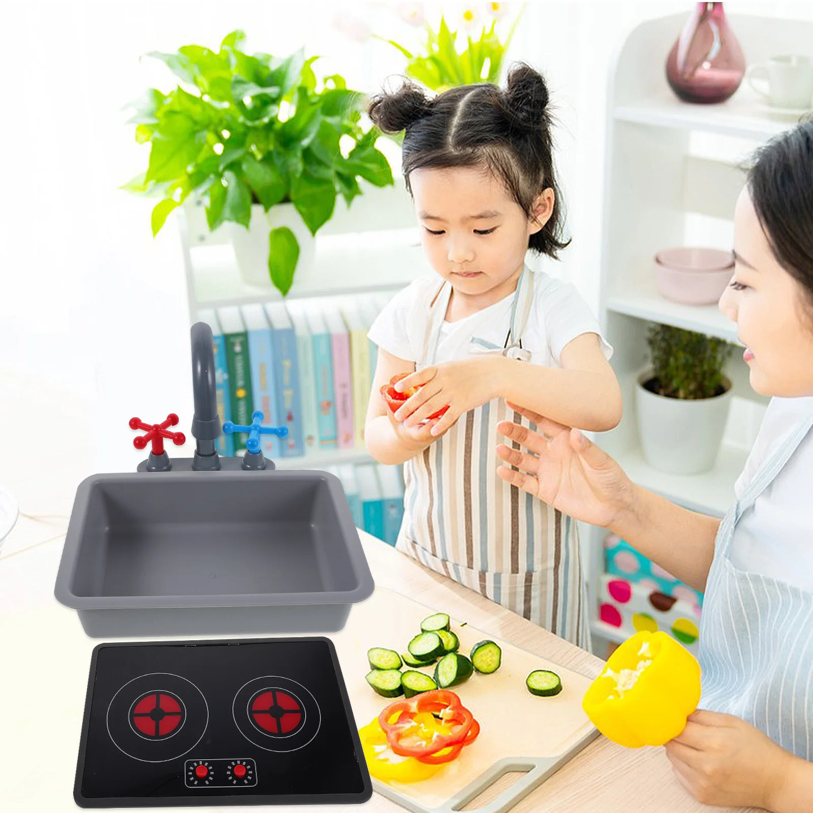 Kids Kitchen Playset Pretend Play Kitchen Set Faucet Sink Induction Cooker Interactive Light Sound Effects Cooking Role Playing