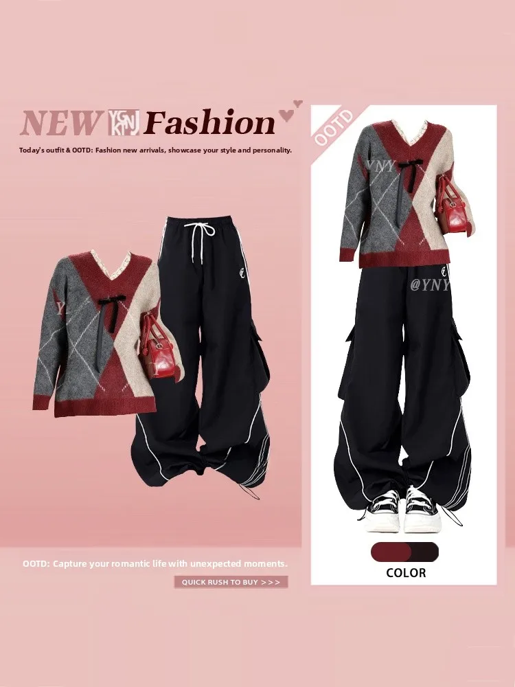 レトロカジュアル香港風冬色ブロダイヤモンド柄ニットセーターレース結び目セーターダストリングスポーツパ...