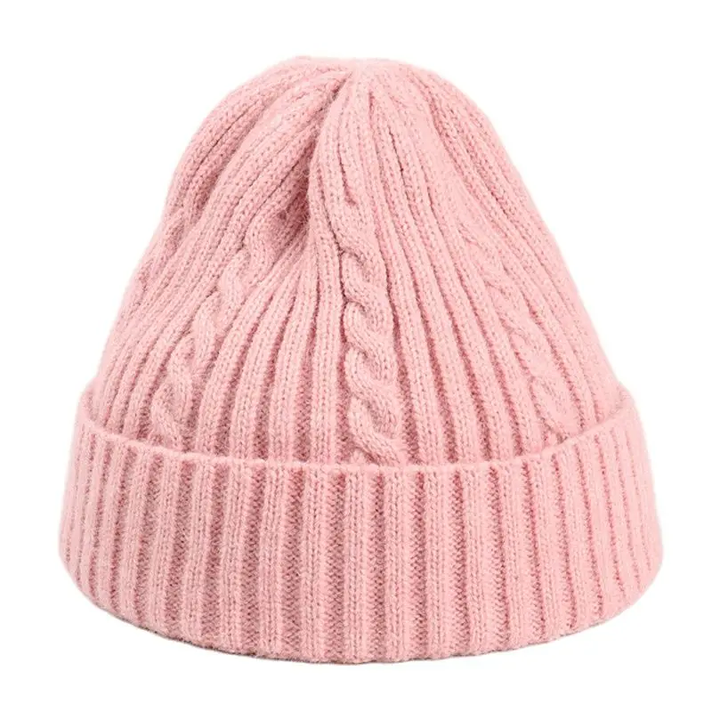 Short Design Winter Twist Cable Knit Hat Plain Beanie for Women Warm Thick Skullies Beige Pink Blue Grey Green Black