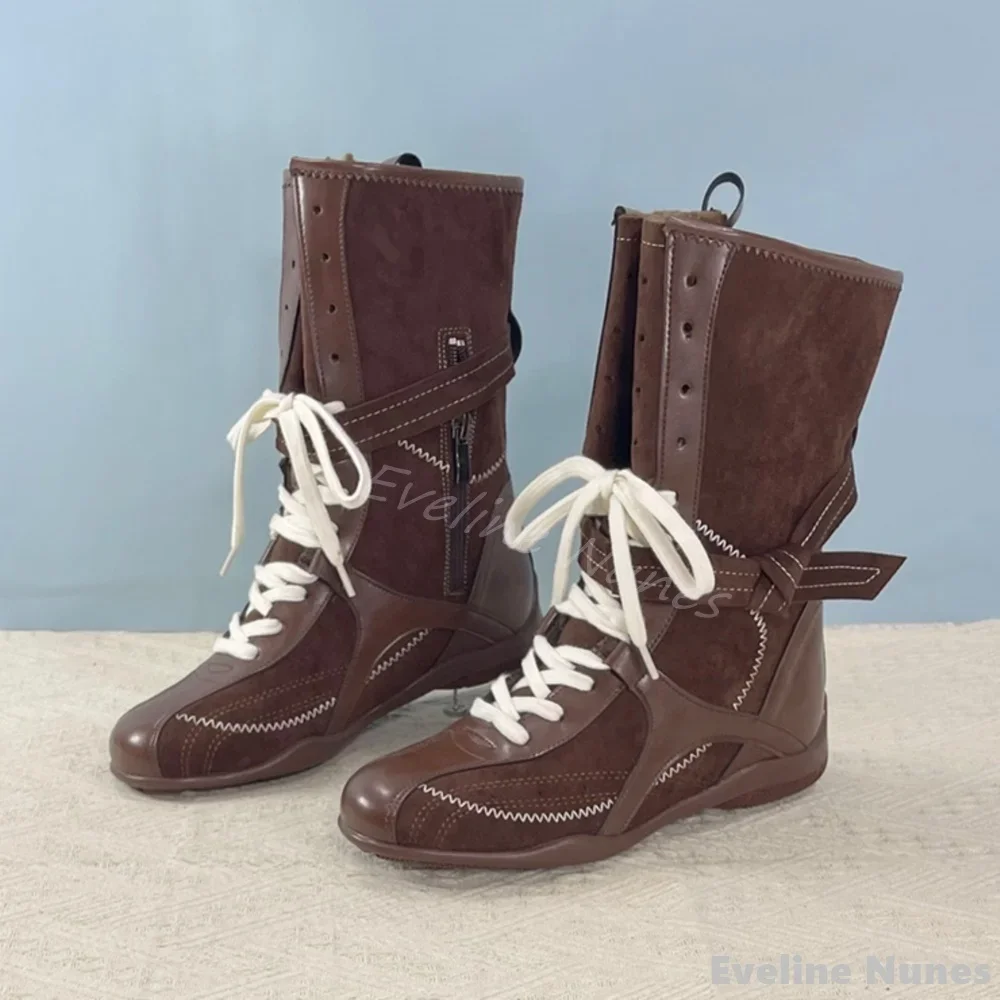 女性用ミッドカーフブーツ,クロスタイ,スプライスソーイング,ラウンドトゥ,身長を伸ばす,ボクシング,新しいファッション,秋,冬,2022