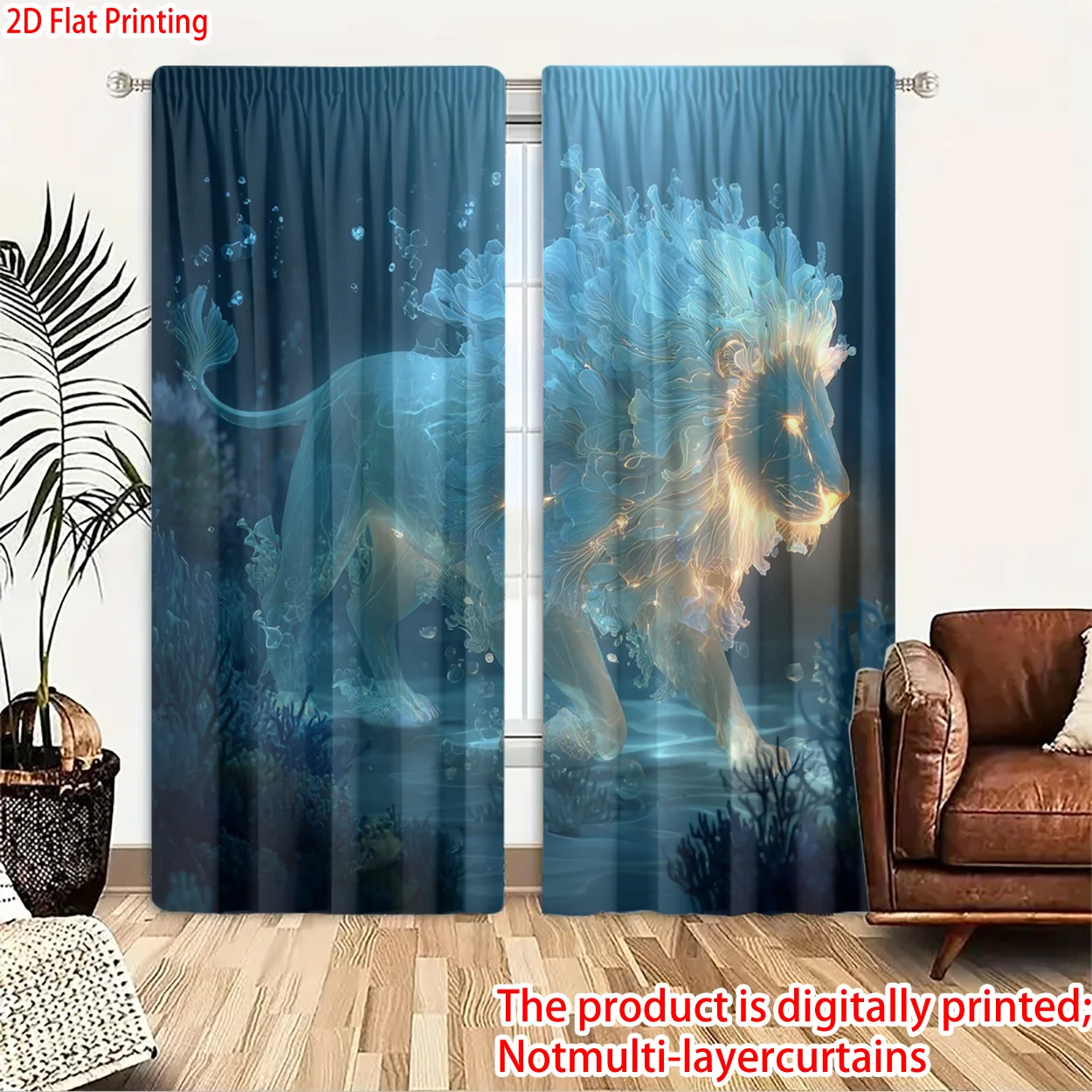 Decorative Lion Print Curtains Underwater Aquatic Animal Digital Art Panel Window Drapery Home Decoration