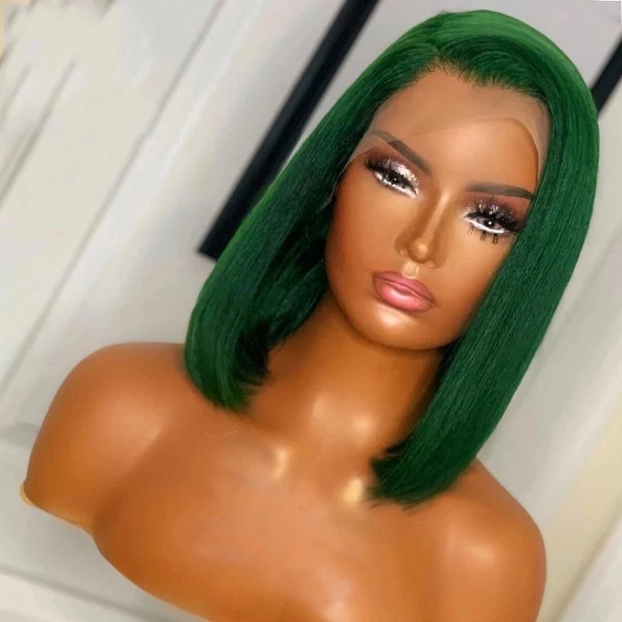 Perruque Lace Front Wig synthétique sans colle pour femmes, perruque Bob, cheveux lisses, fibre de degré de chaleur, vert foncé, densité 03/180%