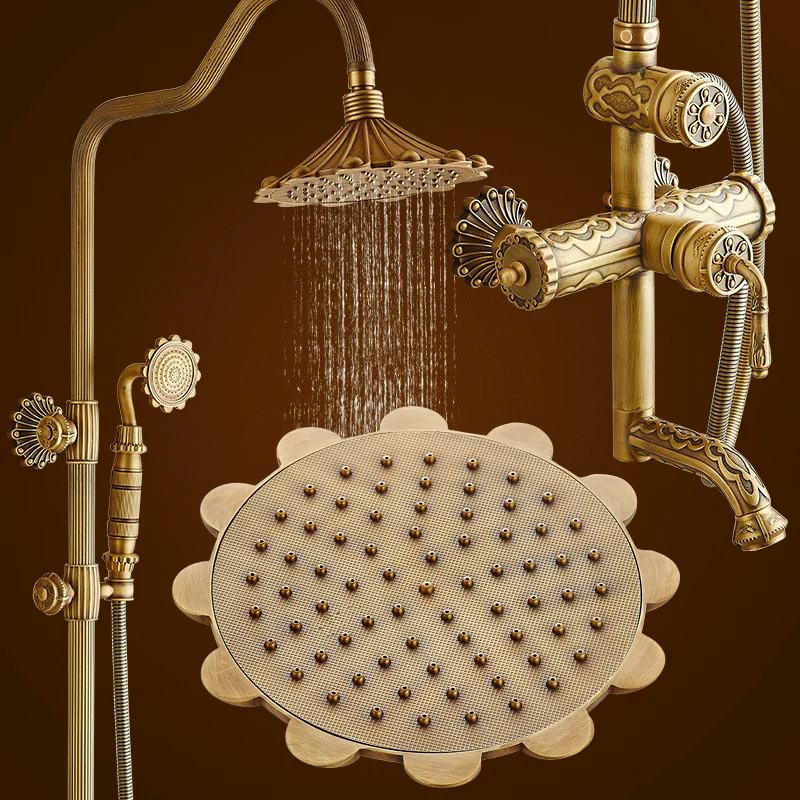 All copper European style retro carved shower shower set, hot and cold water faucet, rain shower, mixer valve, can be rotated