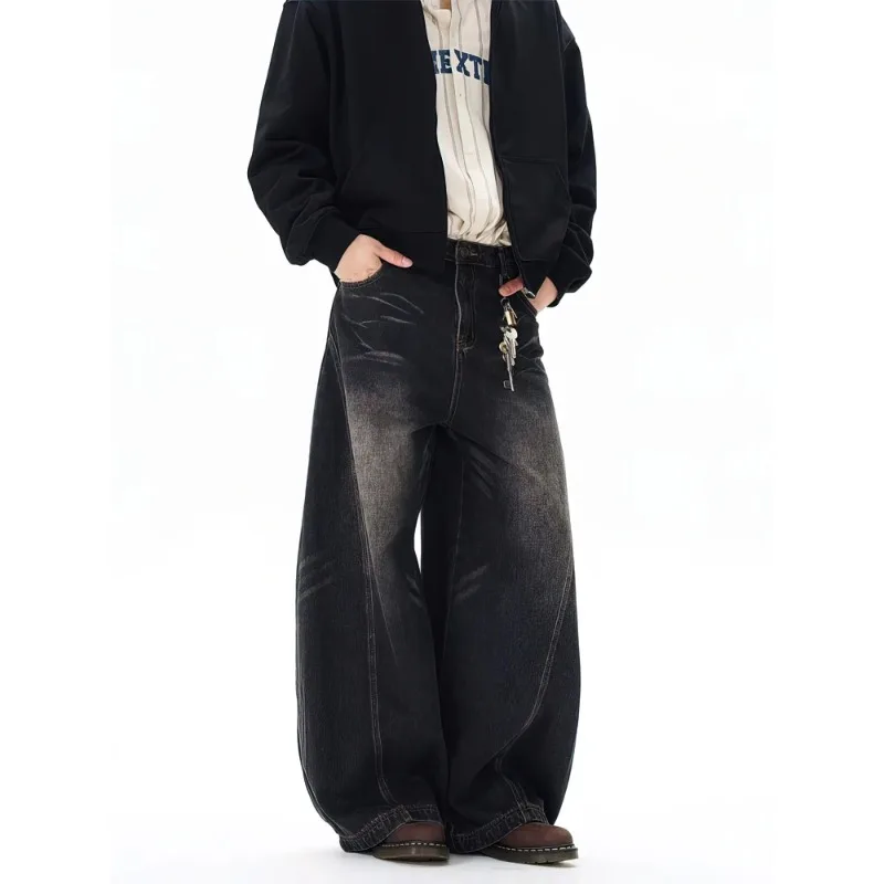 Vintage Black Washed Baggy Jeans Pants Men Wide leg Curved Blade Pants Streetwear Cowboy Casual Denim Straight Trousers
