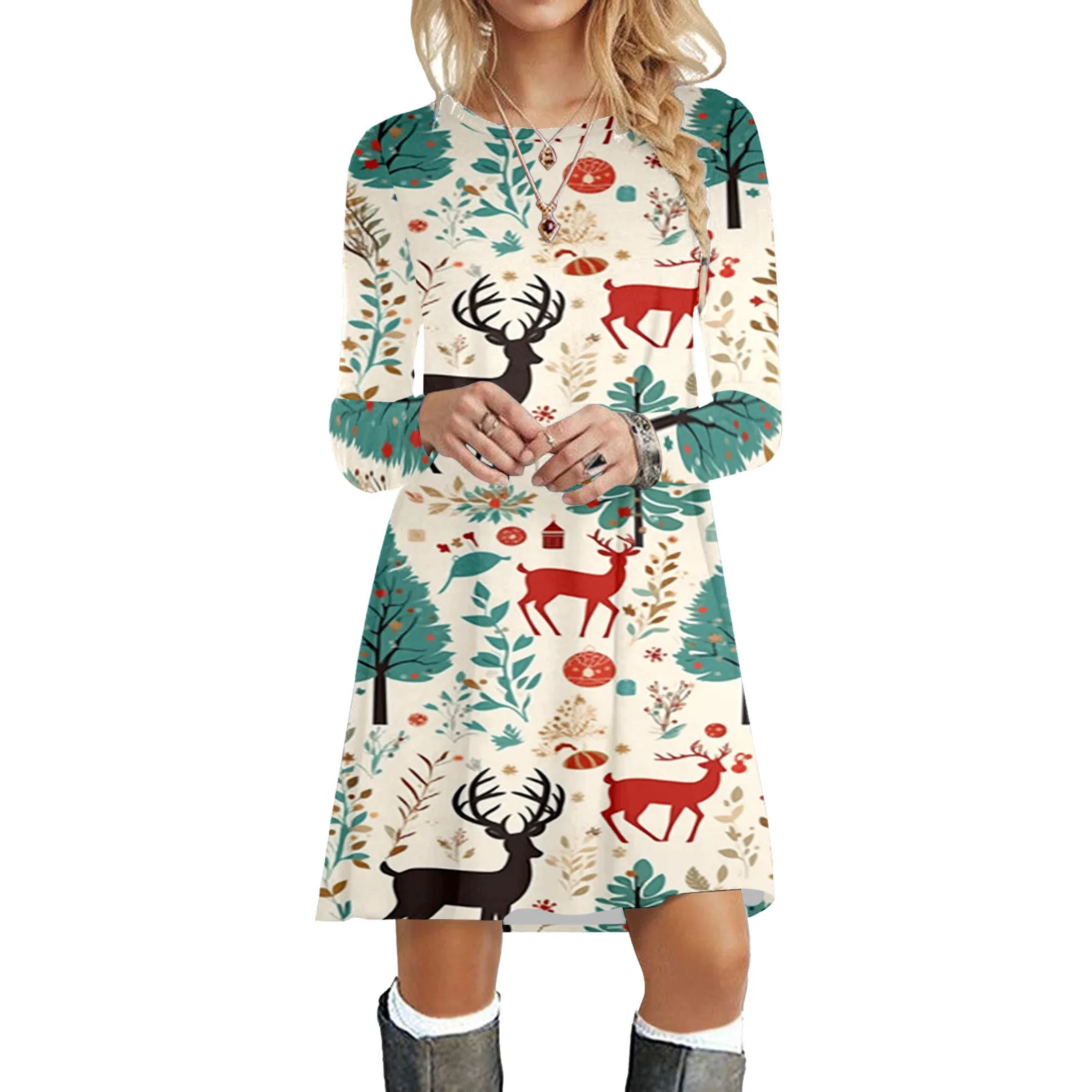 Sukienka damska z nadrukiem choinki, zimowa, nowa, z długim rękawem, okrągły dekolt, luźna sukienka w kształcie litery A, słodka, urocza sukienka mini z motywem Świętego Mikołaja.