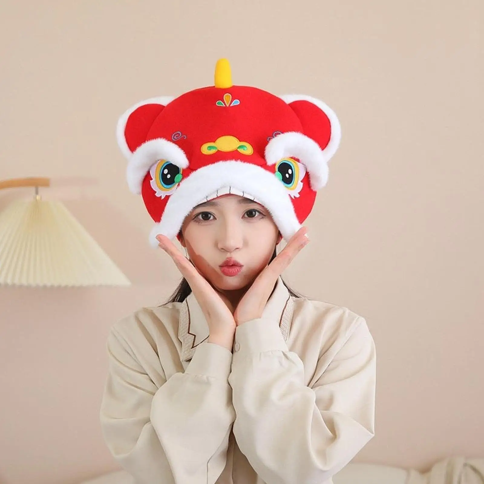 Lion Dance Headgear Dress up Cute Photo Prop Head Cover Plush Hat for Festival