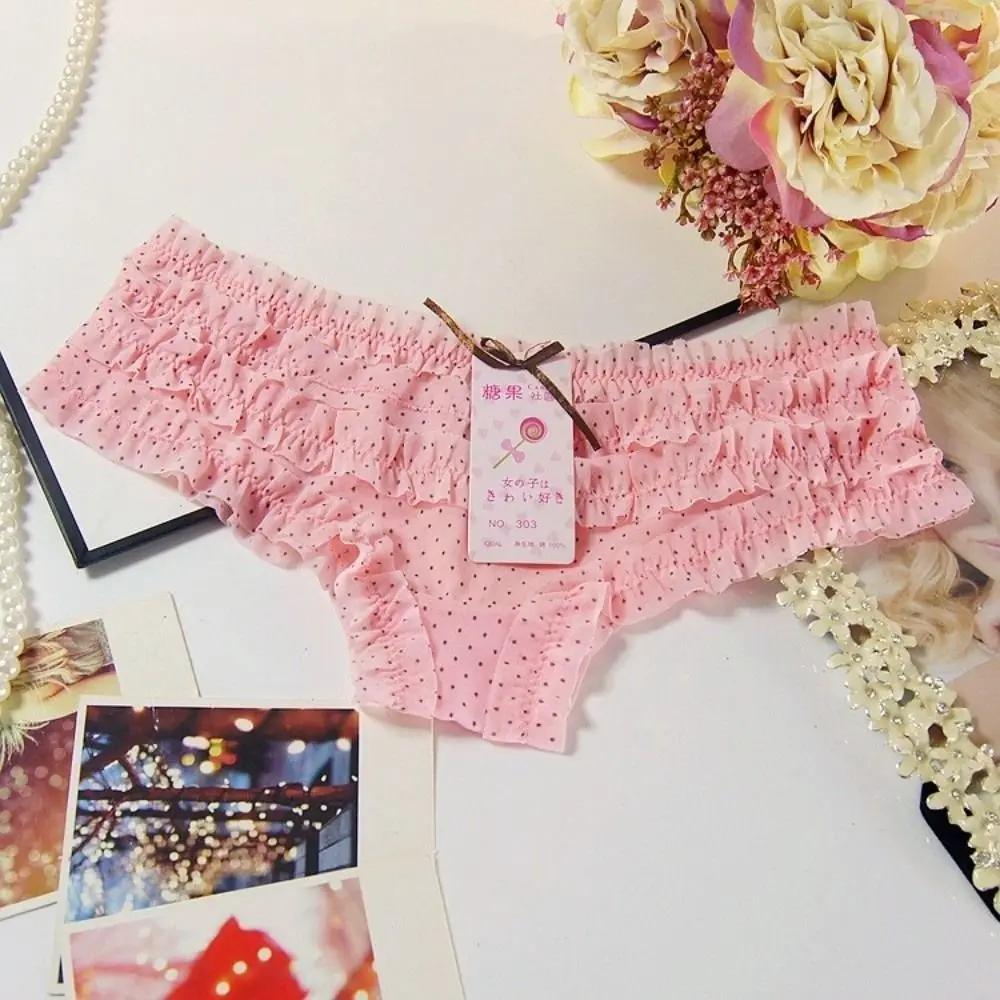 Polka Dot Pattern Lace Briefs Underwear Flower Pattern Mesh Fabric Low Waist Panties Cozy Texture Lace Trim Cake Layer Panties