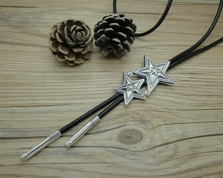 S925 sterling silver necklace trendy and personalized retro Thai silver double layered pentagram pendant leather rope chain men'