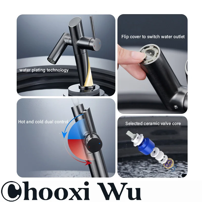 صنبور حوض للحمام مصنوع بالكامل، معالجة سطحية مطلية بالماء، قلب صمام سيراميك، تحكم مزدوج ساخن وبارد، 360 درجة °   دوران #4