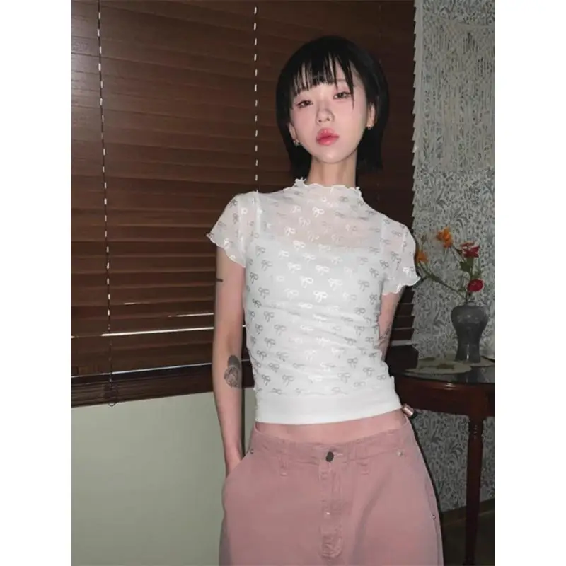 Tonngirls Y2k Vintage See Through T Shirt Women Print White Fairycore Mesh Tops Streetwear Bow Korean Style Crop Tops Summer