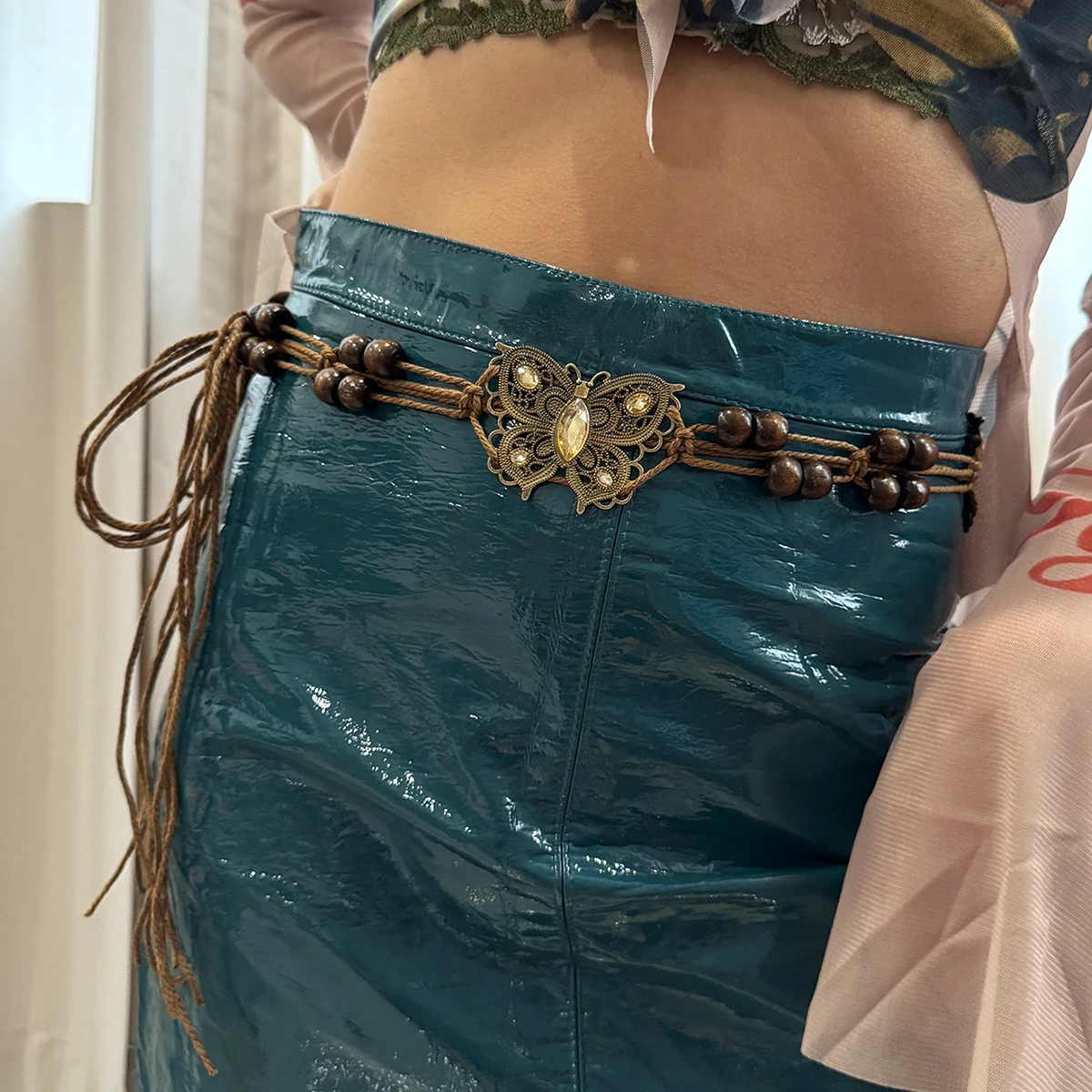 ボヘミアンノットウエストベルト,手作り,編みこみのウエストベルト,カジュアルな生地y2kベルト,ラインストーン,夏のファッション