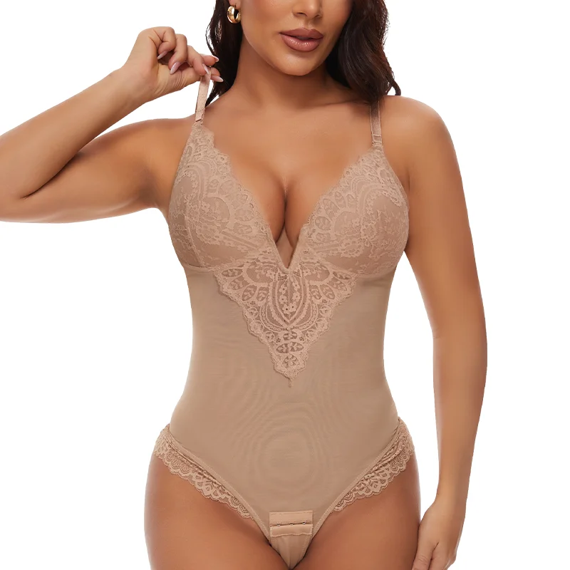 Women Shapewear Bodysuit Tummy Control Lace Corset Tops V Neck Sleeveless Backless Body Suit Thongs