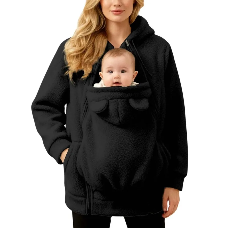 Maternity Clothes Autumn Winter Plush Hoodies Kangaroo Design Big Pockets Jackets For Pregnant Women Keep Warm Baby Wearing