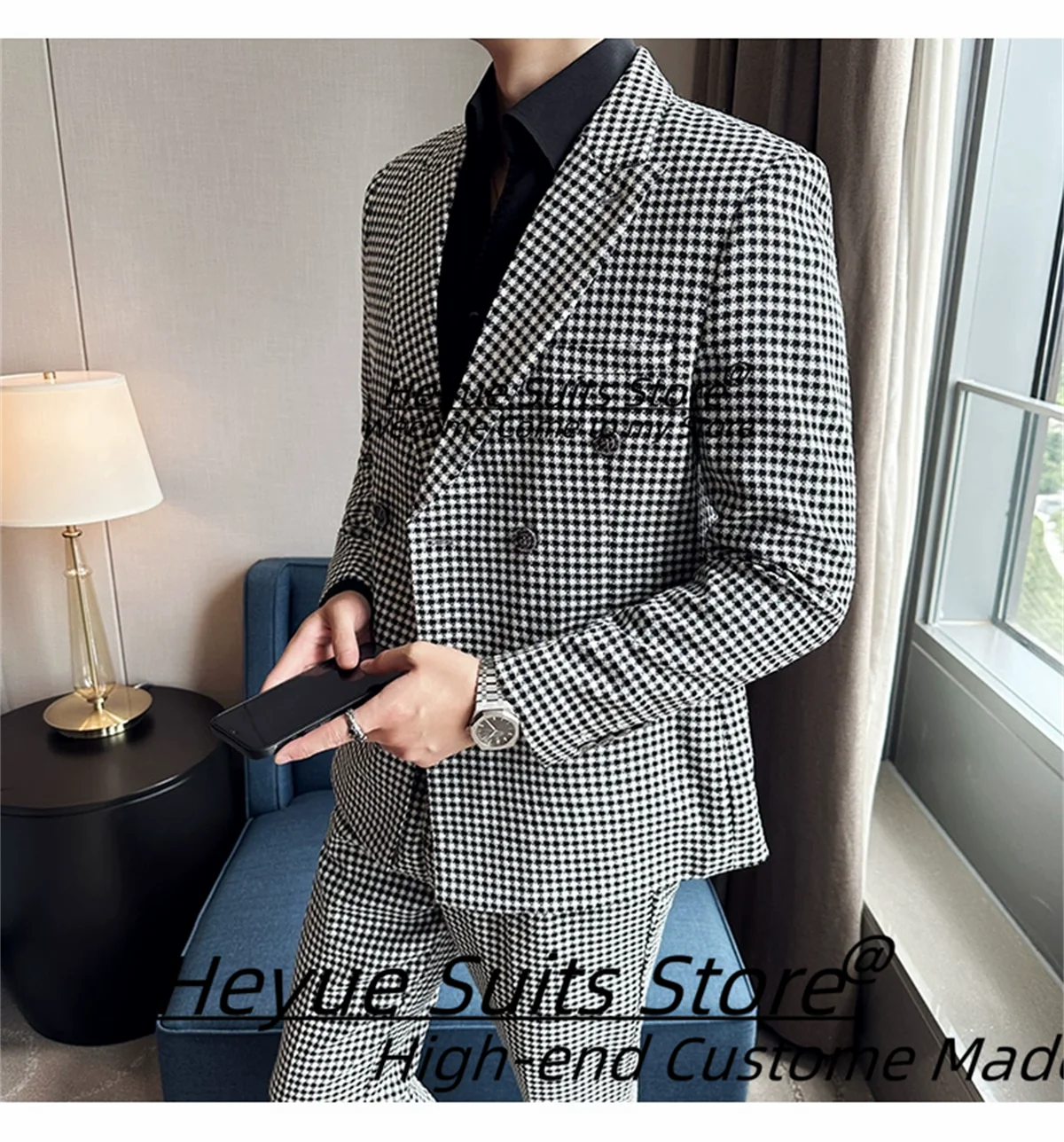 

Customized Plaid Double Breasted Men Suits Slim Fit Peak Lapel Groom Wedding Tuxedos 2 Pcs Sets Male Prom Blazers Costume Homme