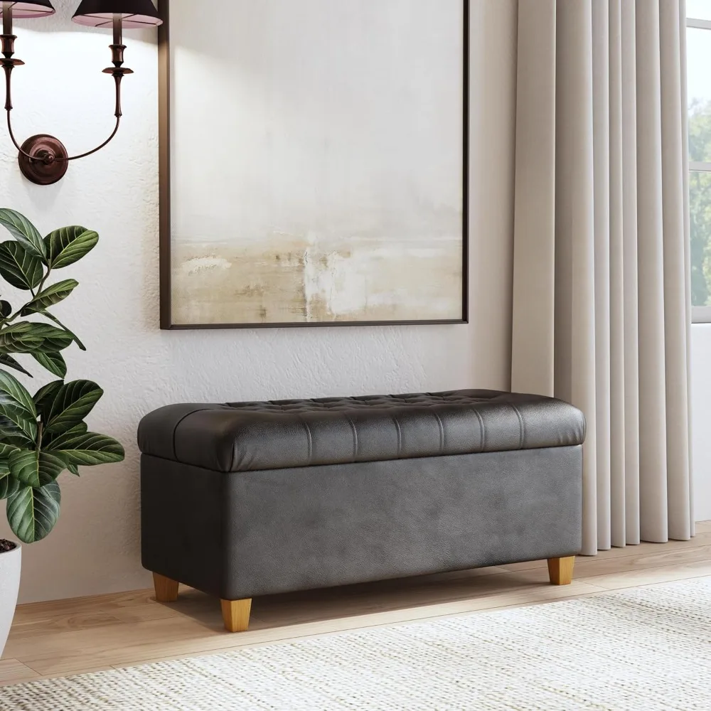 

Home Decor | Button Tufted Storage Bench | Ottoman Bench with Storage for Living Room & Bedroom, Black Faux Leather