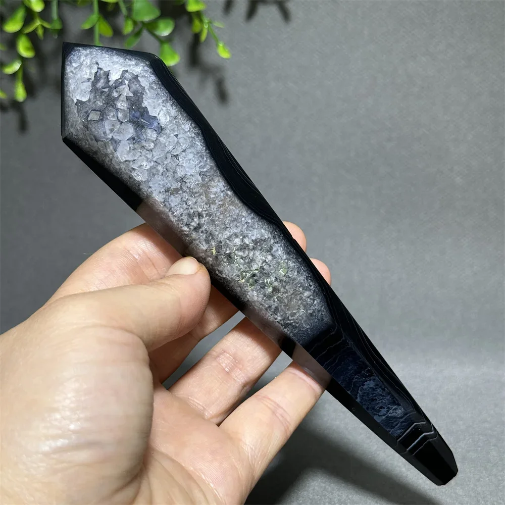 Natural Gemstone Black Agate Tip Scepter Reiki Spiritual Therapy Meditation Witchcraft Energy Home Garden Decoration Gift