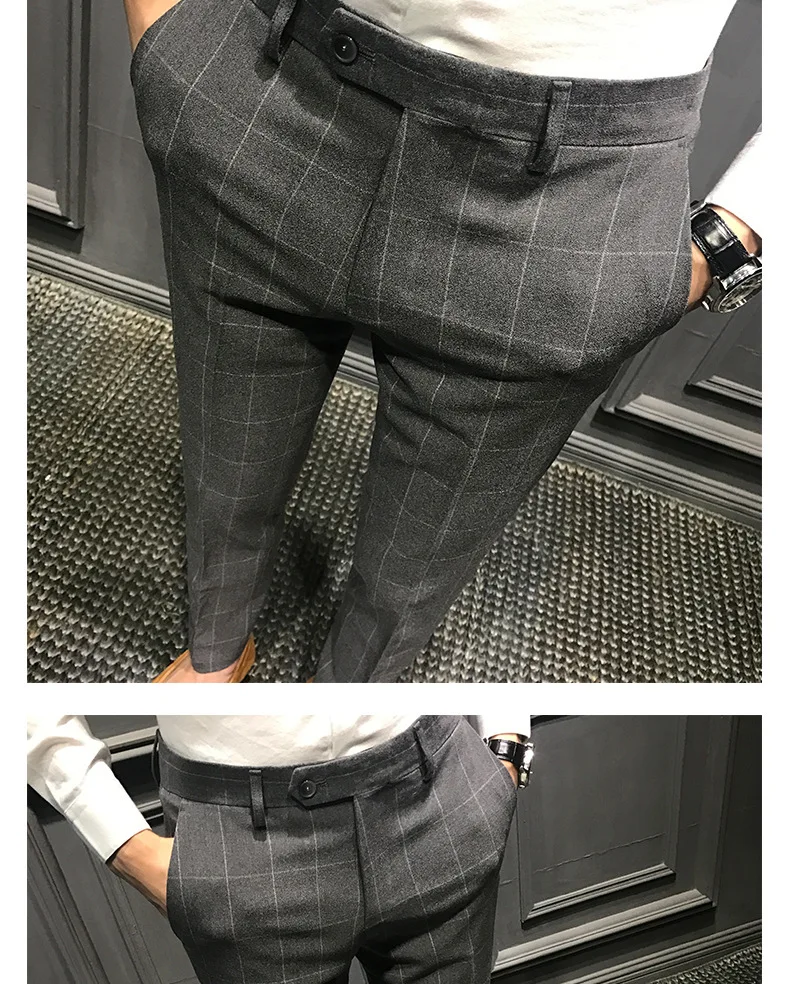 Wiosna Jesień Męskie spodnie do kostek Mężczyźni Biznes Elastyczna talia Formalny garnitur Plaid Praca towarowa Wąskie spodnie Mężczyzna Odzież męska