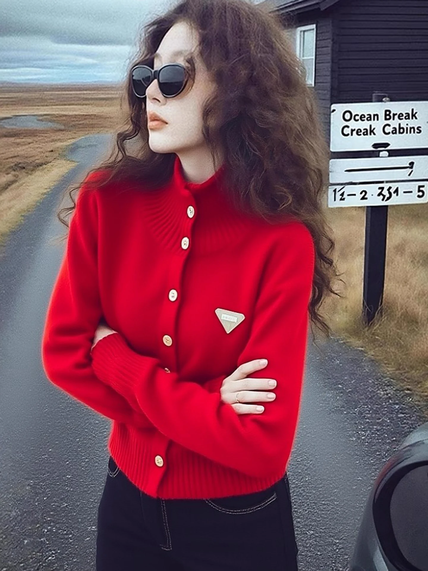 

Красный шикарный кардиган с высоким воротником и длинными рукавами, утепленный, универсальный, в корейском стиле, для повседневной носки, теплый, женский