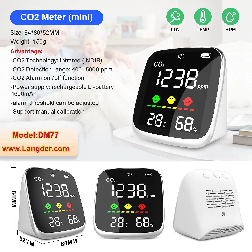 1pcs Carbon Dioxide Detector Mini Temperature and Humidity Meter Air Quality Detector CO2 Monitor