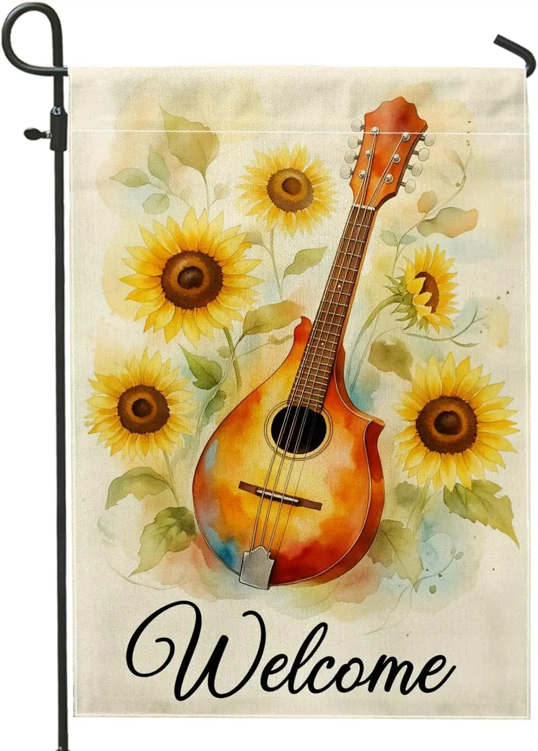 Mandolin Garden Flag, Rustic Vintage Sunflower Leaves Summer Yellow Burlap Double Sided Decorative Outside Flags for Outdoor IIC
