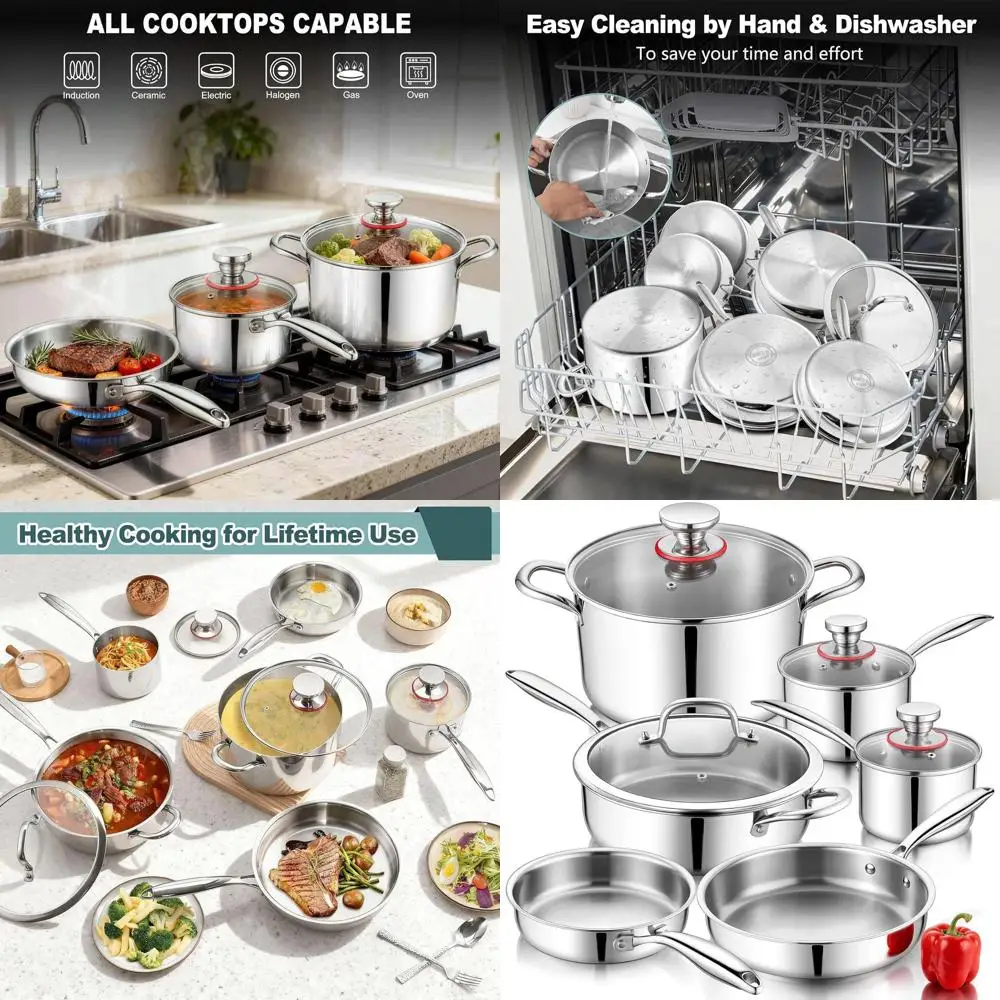 

6-Piece Stainless Steel Pots and Pans Set, Multi-Cooktop & Oven Safe, Dishwasher Friendly, Frying Pans, Saucers, Saute Pan & Pot