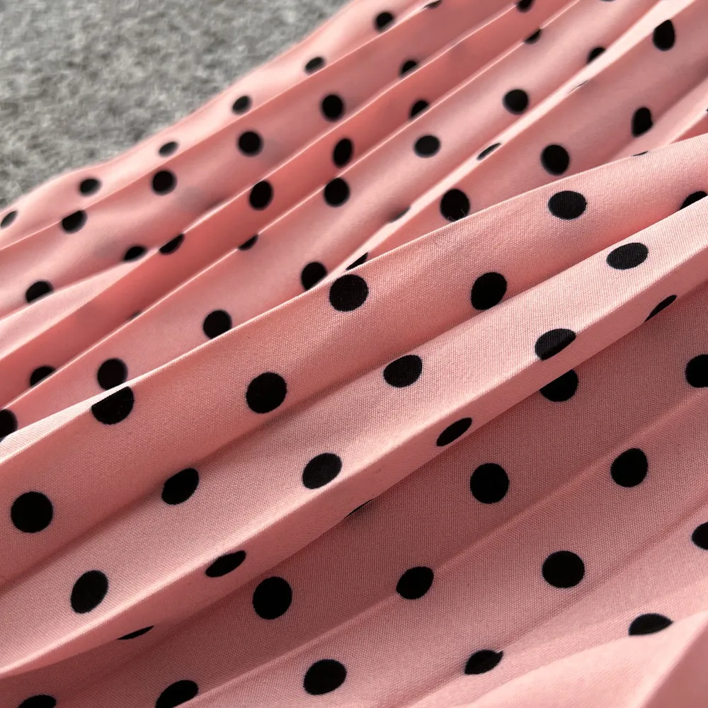 Korean Style Polka Dot Print Pleated A-line Long Skirts Women 2026 Spring Summer High Waist Casual Skirt