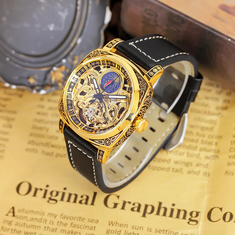 ساعة ميكانيكية أوتوماتيكية بمؤشر الشمس والقمر وحزام جلد أسود للرجال