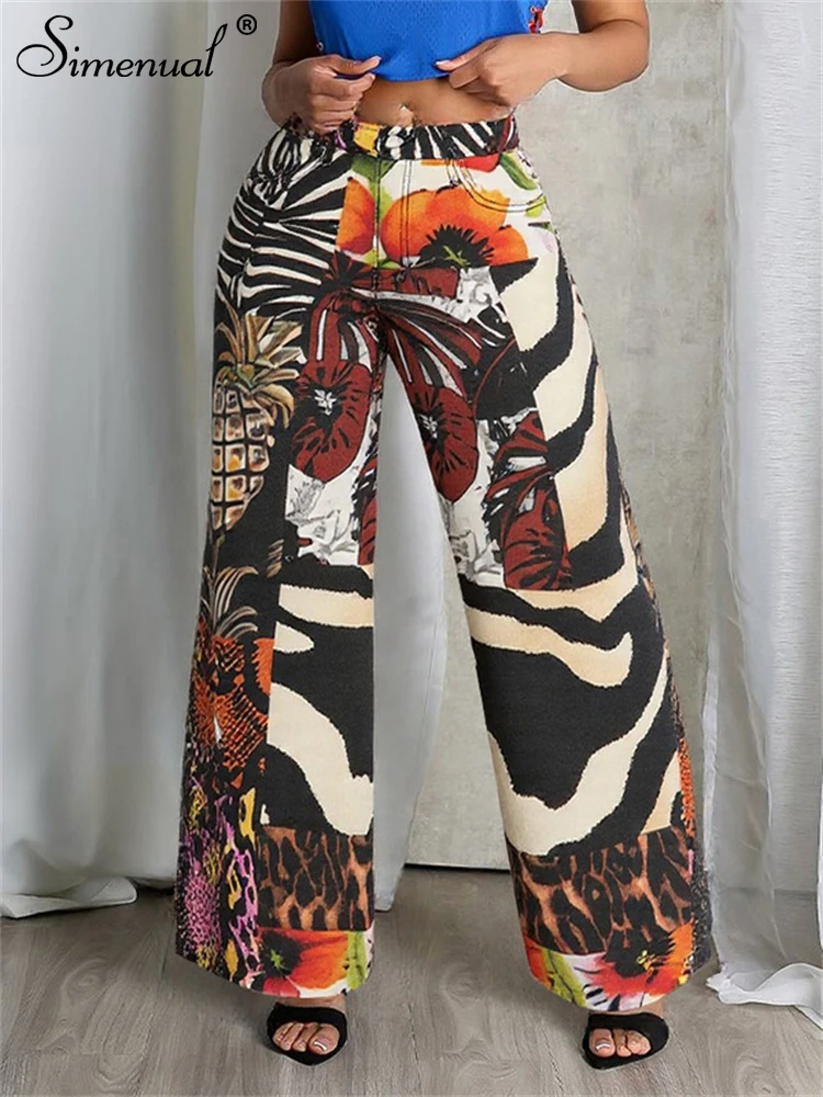 

Simenual Streetwear Fashion Print Loose Full Length Straight Pants Y2K Grunge Zip Pockets Cargo Pant for Women Harajuku Trousers