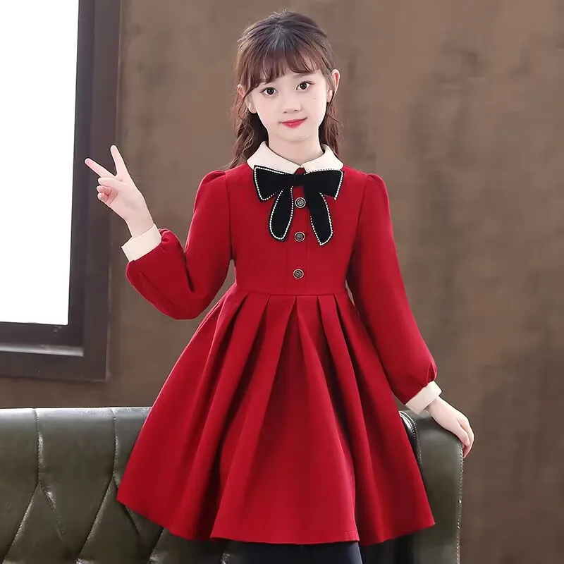 2024 European teens Children Clothes spring Autumn Girls Christmas Dress Kids bow princess button pleated skirt 4 to 12 NEW year