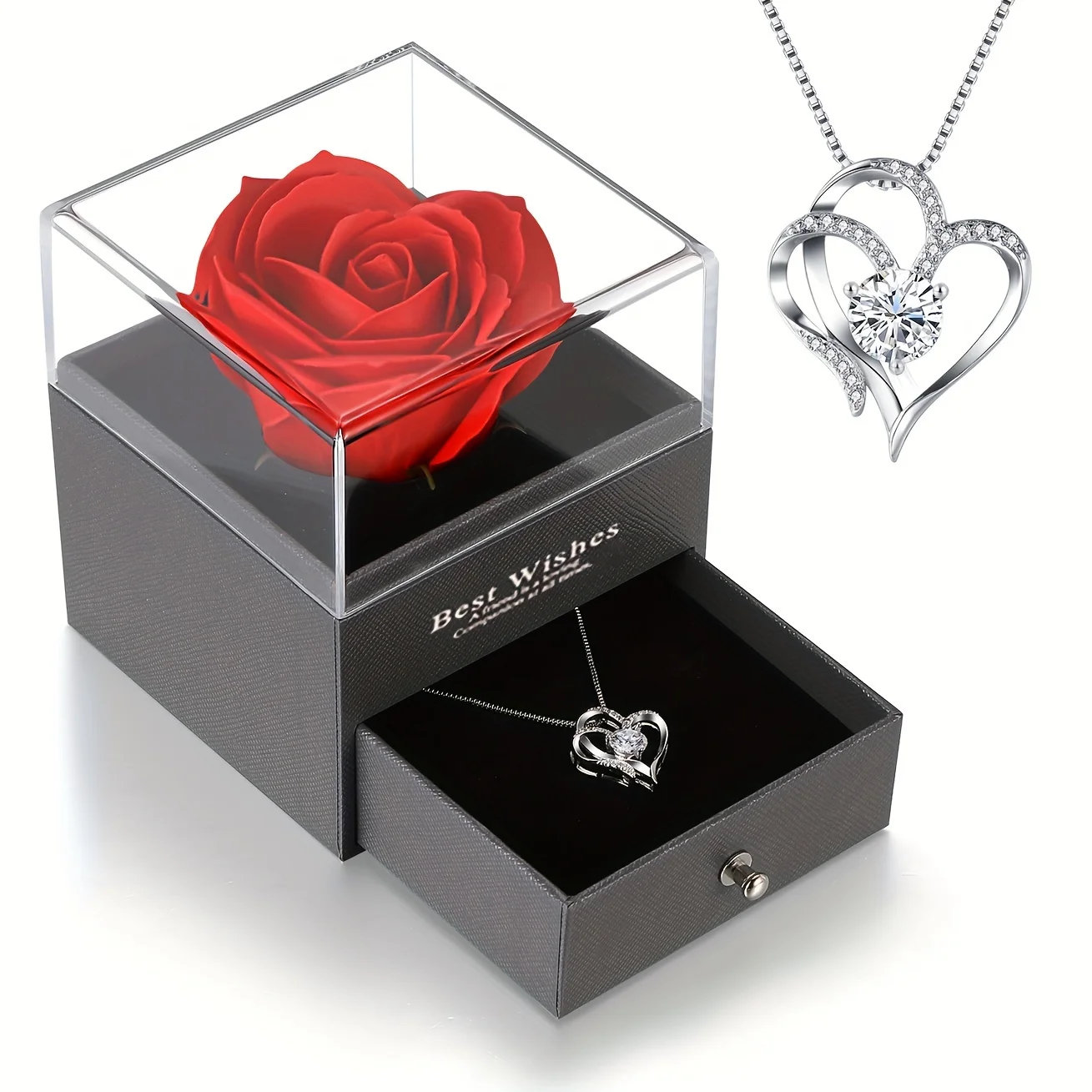 Exquisite Simulation Rose Box & Heart Necklace - Perfect for Women - Anniversary, Birthday, Christmas, Mothers Day Gifts