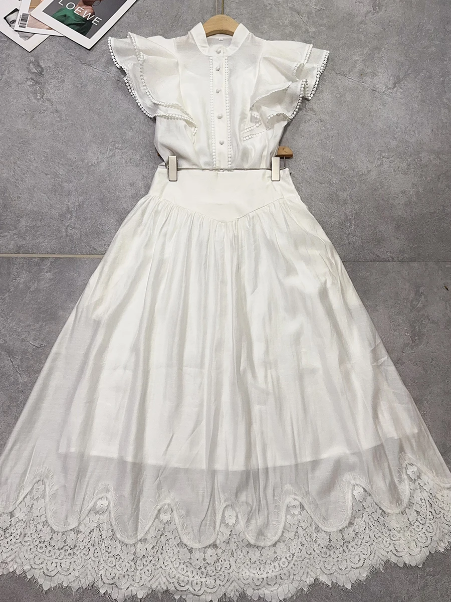 VGH Solid Two Piece Set for Women Stand Collar Short Sleeve Top High Waist Patchwork Irregular Lace Hem Skirt Casual Suit Female