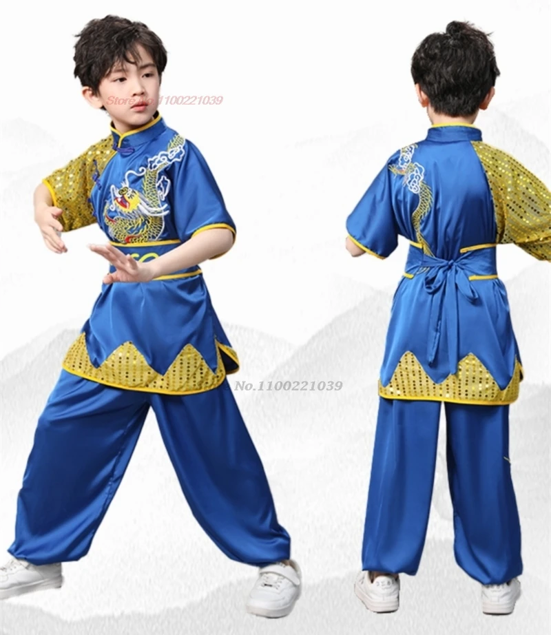 2024 chinese vintage wushu shaolin set dragon embroidery sequin uniforms children kung fu martial arts training exercise suit