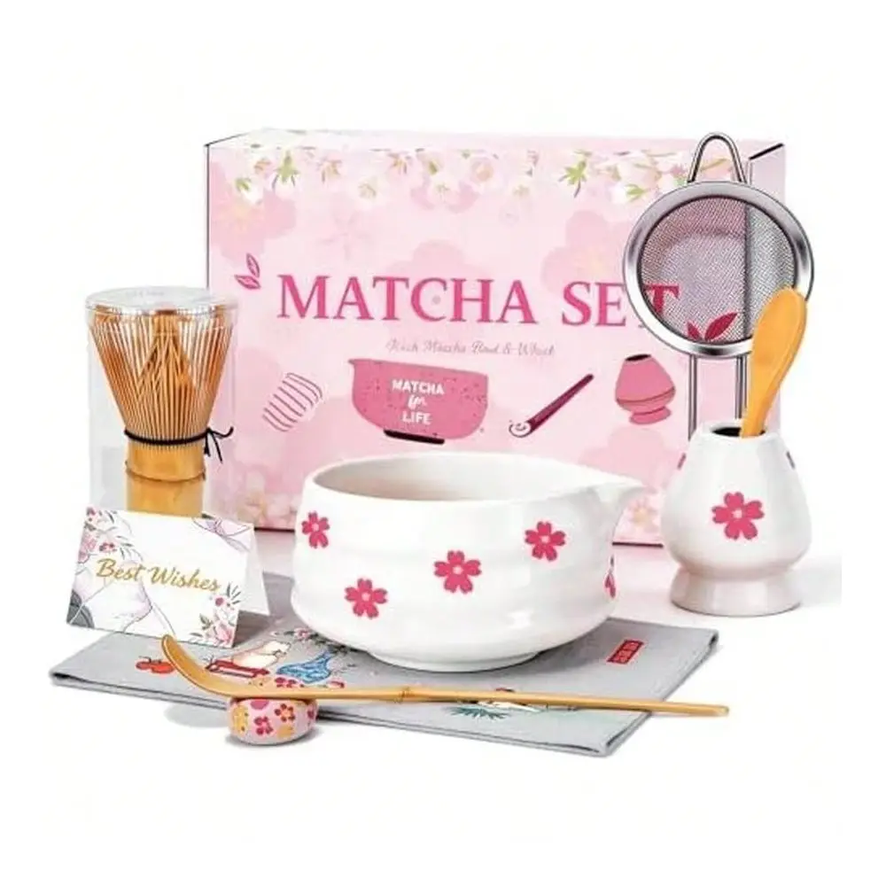 Lindo Set de Matcha de Cerámica con Batidor y Tazón, Soporte para Kit de Té Matcha, Cuchara de Bambú, Tamiz, Toalla Incluida, Regalo para el Día de San Valentín o el Día de la Madre