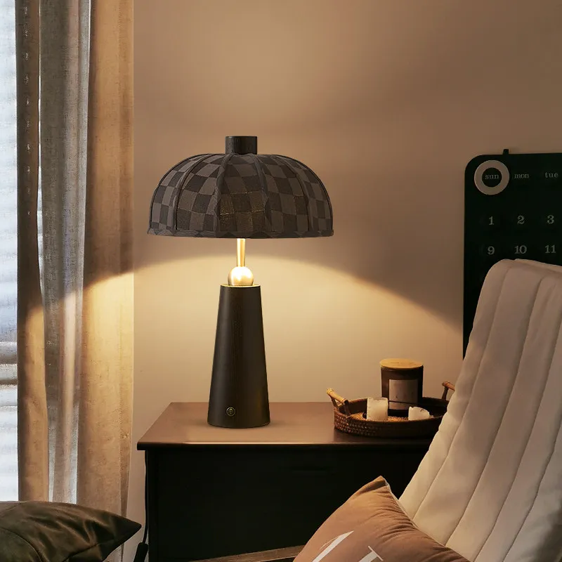 Vintage French Mushroom Table Lamp Checked Fabric Lampshade Conical Wood Base Walnut/Black Bedside Light For Bedroom Living Room
