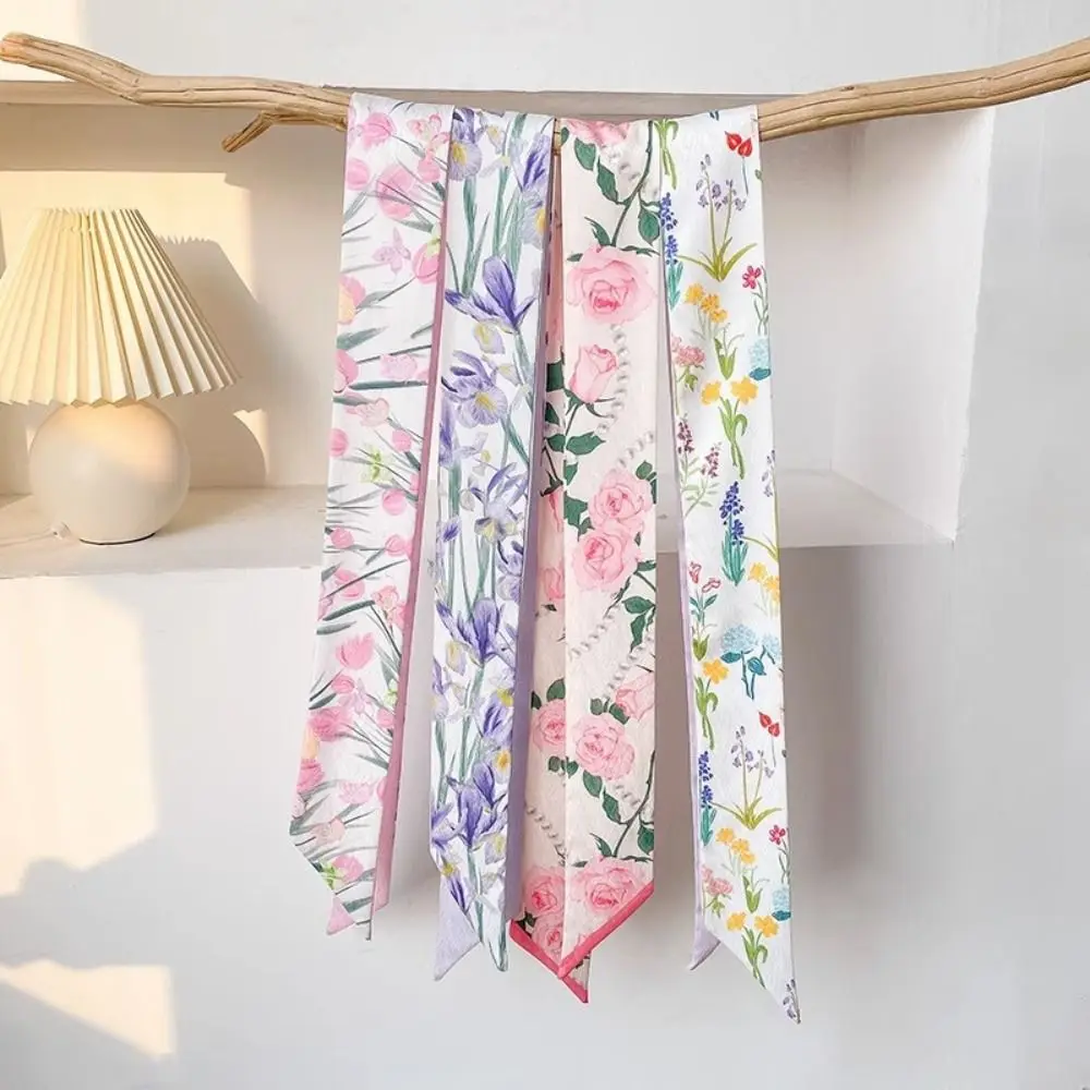 Chinese Style Scarf Floral Tie Hair Retro Oil Print Hair Ribbon Scarf Women Neck Tie Bag Headscarves Floral Bands Headband