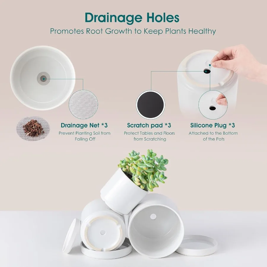Keramik-Pflanztöpfe, 3-teilige Pflanzgefäße für Zimmerpflanzen, 4,25 + 5,25 + 6,25 Zoll, Blumentöpfe mit Entwässerung, Blumentöpfe für den Innenbereich für Sauger