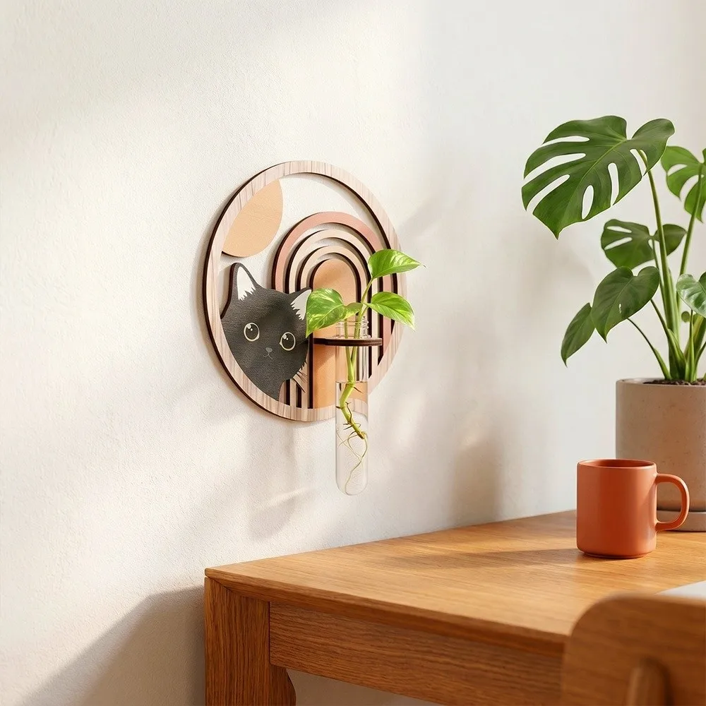 Wooden Lantern Planter Holder Home Ornaments Cartoon Black Cat Wall Decoration Vase Geometric Round Hydroponic Planter Shelf