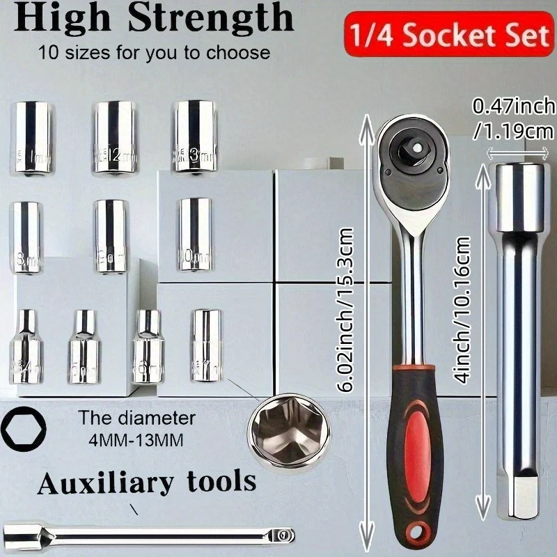 Conjunto de soquete de aço carbono de 12 peças com chave de catraca - ideal para manutenção de automóveis, motocicletas e bicicletas, itens essenciais para reparo de automóveis