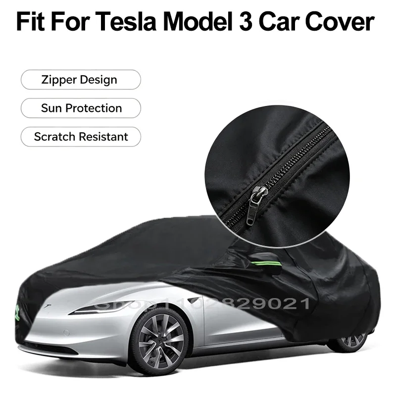 Zipper Door Waterproof Car Cover For Tesla Model 3 Windproof Dustproof UV Protection All Weather Auto Protector