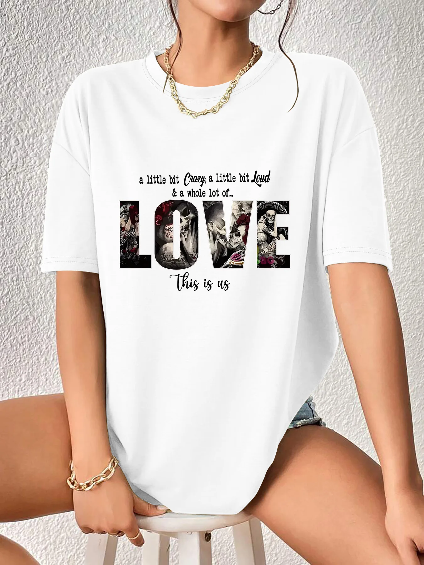 Plus Size Women's White Short Sleeve T - shirt a little bit Crazy Loud & Love Graphic, Edgy Stylish Casual Top