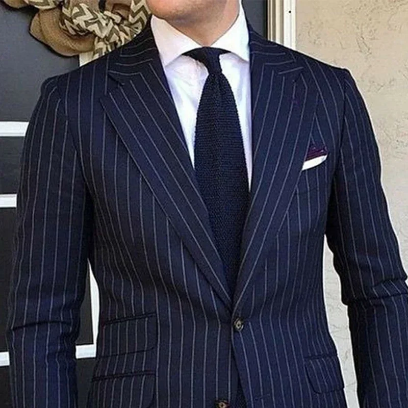 Pinstripe Men Suits Slim Fit Formal Wedding Tuxedo Notched Lapel 2 Pcs Stripe Business Fashion Suit Costume Custom Made