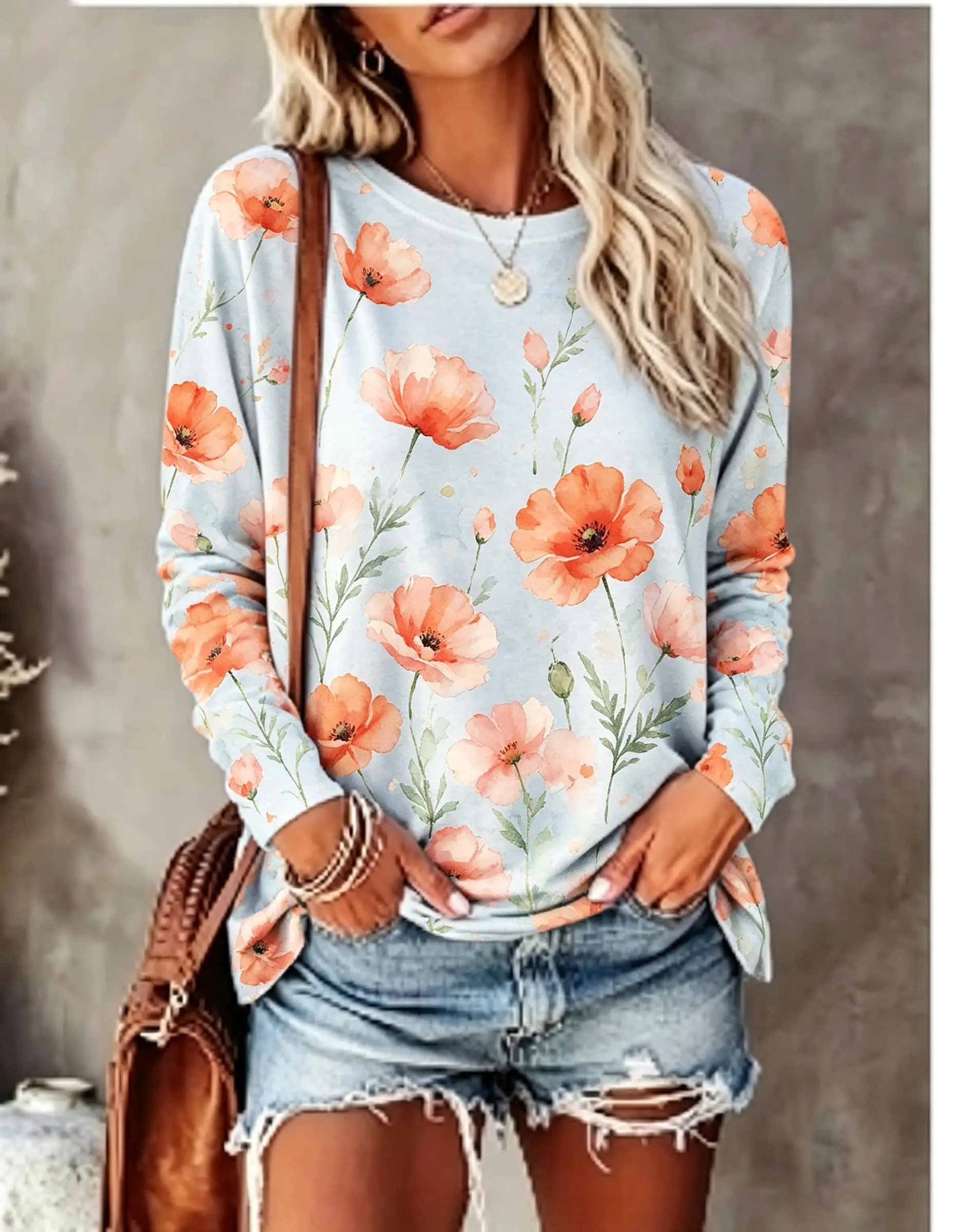 Women Long Sleeve T Shirt Watercolor Purple Hydrangea Floral Print Crew Neck Casual Fall Tops image 5