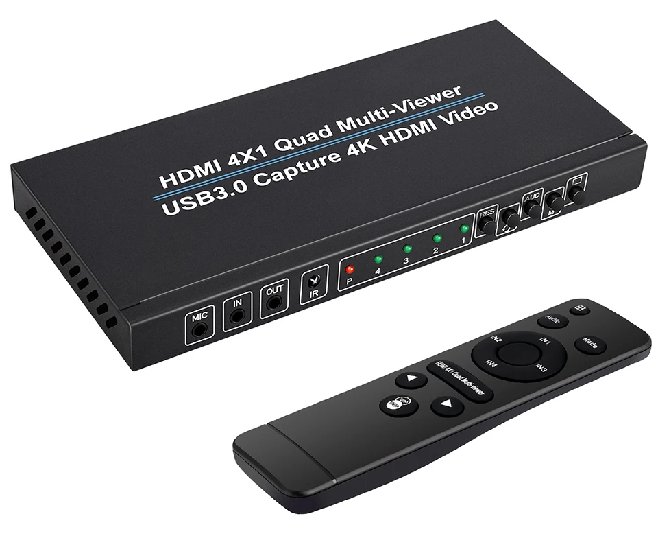 HDMI Multi Viewer QuadView com controle remoto IR, 4 em 1 saída, 4K, 4x1, 9 modos de exibição, 1080p, 60Hz, USB 3.0, função Video Capture Card