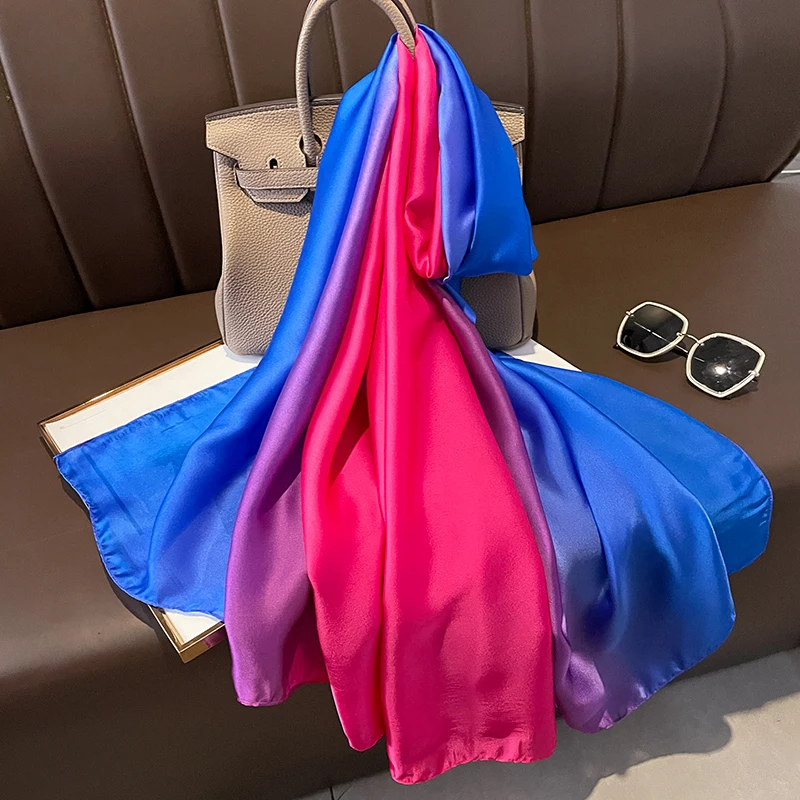 2024 Gradient Silk Scarves Women Luxury Brand Hijab Scarf Foulard Femme Shawls Wraps Silk Bandana Head Scarf Hijab Beach Poncho