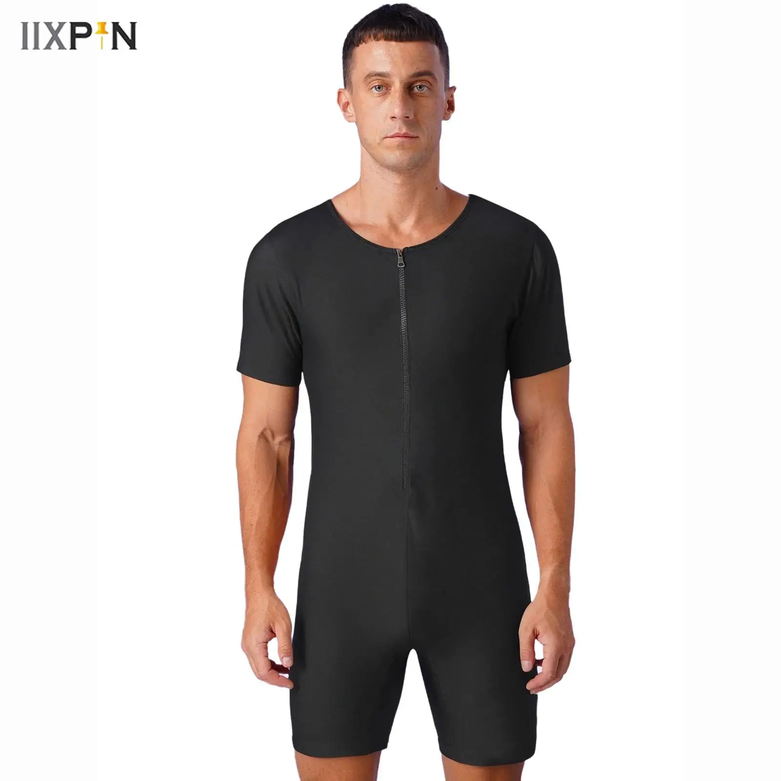 

Men One Piece Short Sleeves Short Jumpsuit Swimming Bathing Suit Body Shaper Weight Loss Sweatsuit for Fitness Training Workout