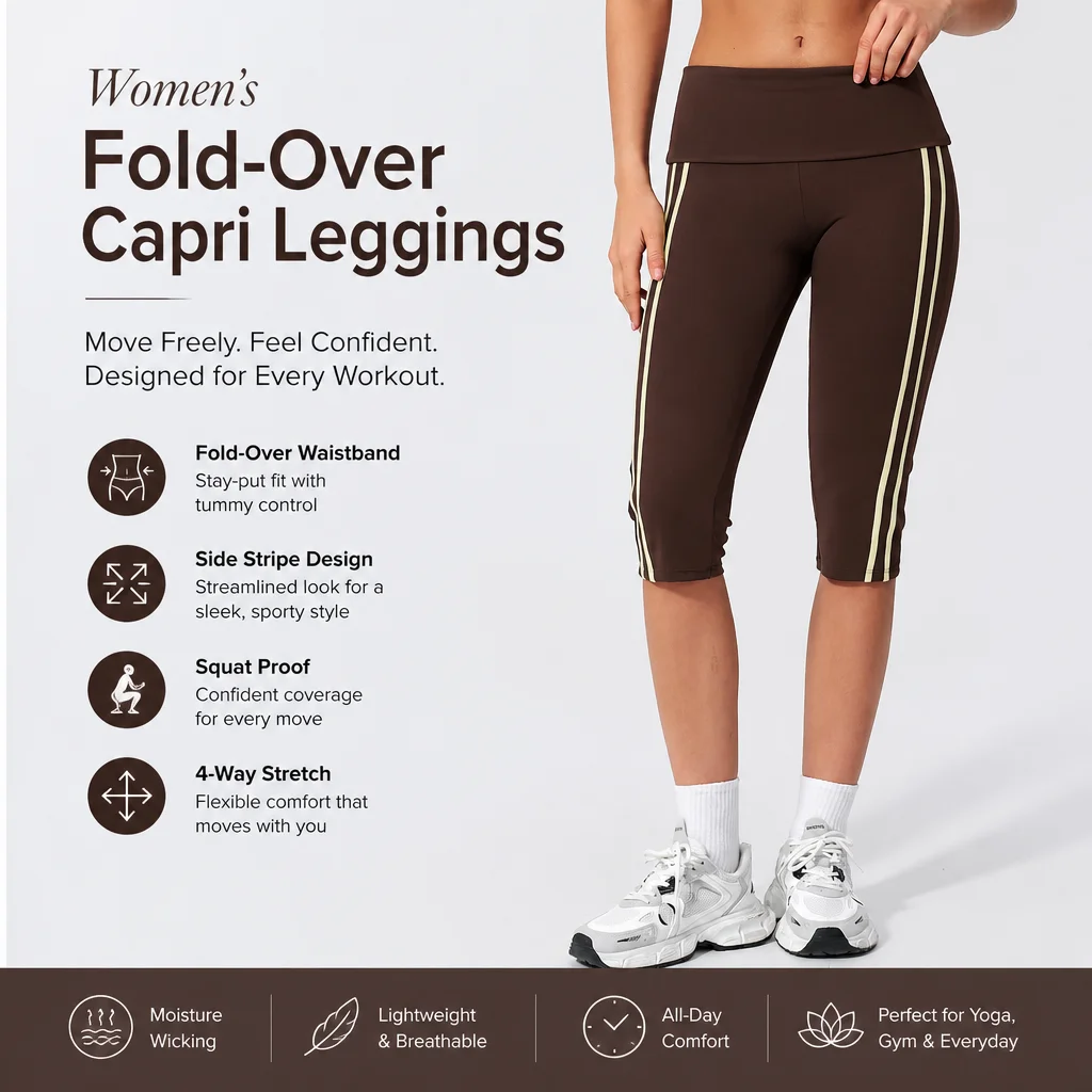 Women's High Waist Fold-Over Side Stripe Capri Leggings Tummy Control Cropped Yoga Pants with Anti-Roll Waistband Squat Proof Wo