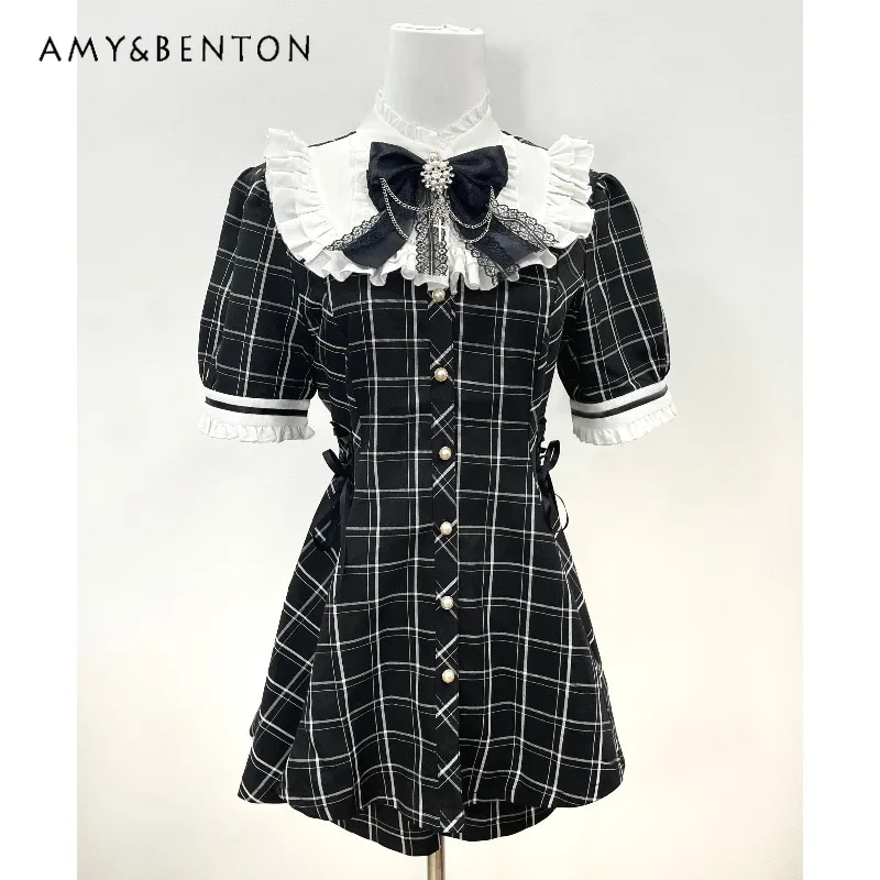

Original Japanese Mass-Produced Set Mine Series Sweetheart Girl Stand Collar Black Plaid Short Sleeve Bowknot Dress Shorts Sets