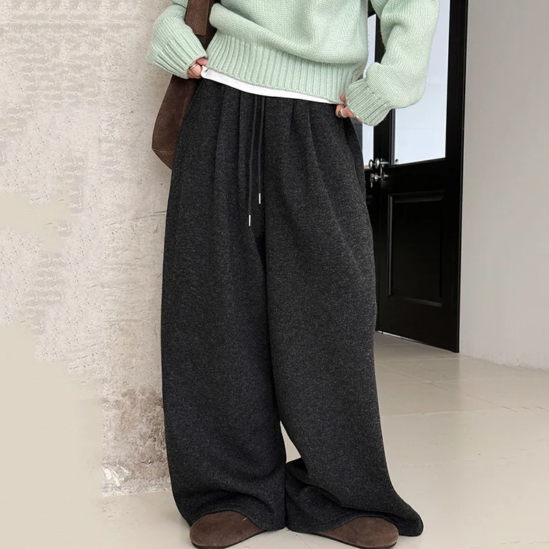 جديد الخريف الشتاء نحى الرباط مرونة الخصر المرأة واسعة الساق السراويل شيك عادية فضفاض سميكة السراويل الطويلة #2