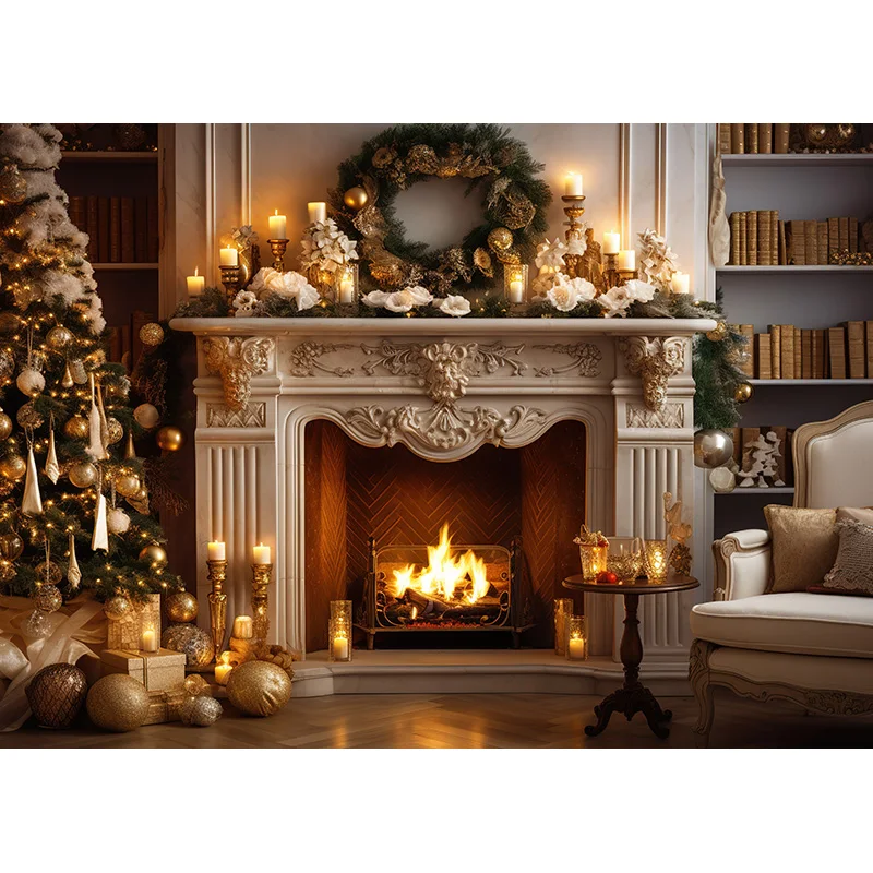 SHUOZHIKE Christmas Day Fireplace Photography Backdrops Prop Window Living Room Interior Village House Theme Background DR-07